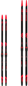 1 pair of Freestyle/Skate skis next to 1 pair of Classic skis, which are longer